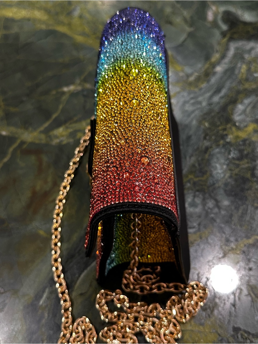 Betsey Johnson Multicolor Rainbow Crystals Crossbody with Gold Chain Strap 7”x5” - Picture 7 of 16